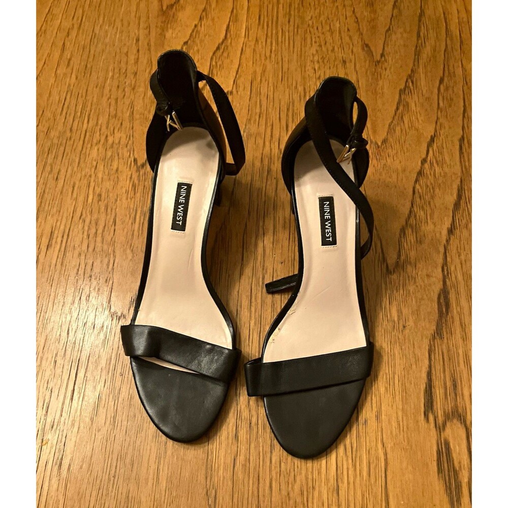 Nine West Pruce Black Leather Open Toe Block Heel Ankle Strap Buckle 10.5